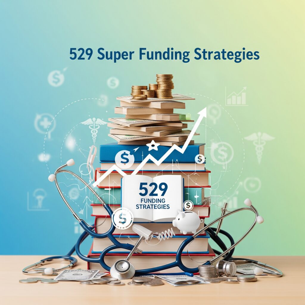 A featured image for a newsletter on 529 plan funding strategies for medical students, showing medical books, a stethoscope, and money.