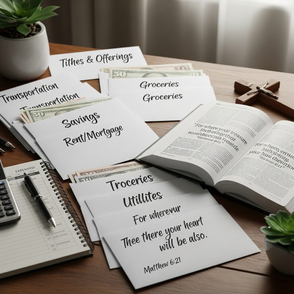An image for "Biblical Budgeting: The Envelope Method for Modern Christians," showing the envelope system, a Bible, and a cross, to illustrate Christian financial principles.