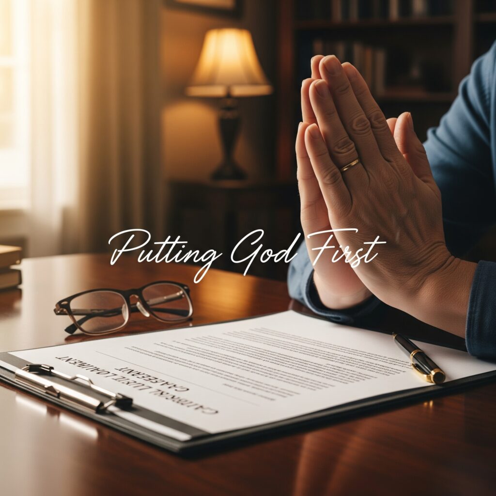 An image for "Charitable Lead Trusts: Putting God First in Your Giving Strategy," showing prayerful hands over a legal document, symbolizing faith-based financial planning.