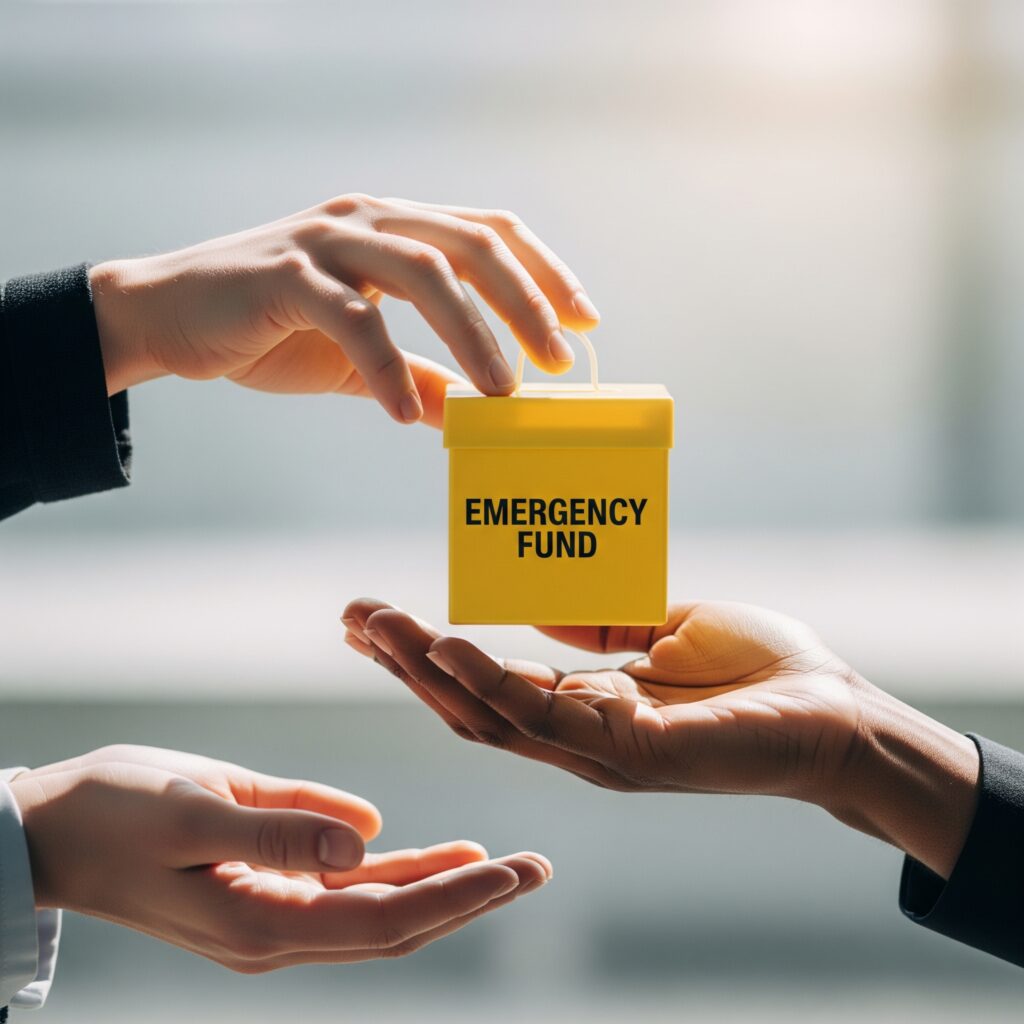An image of an emergency fund box being handed off